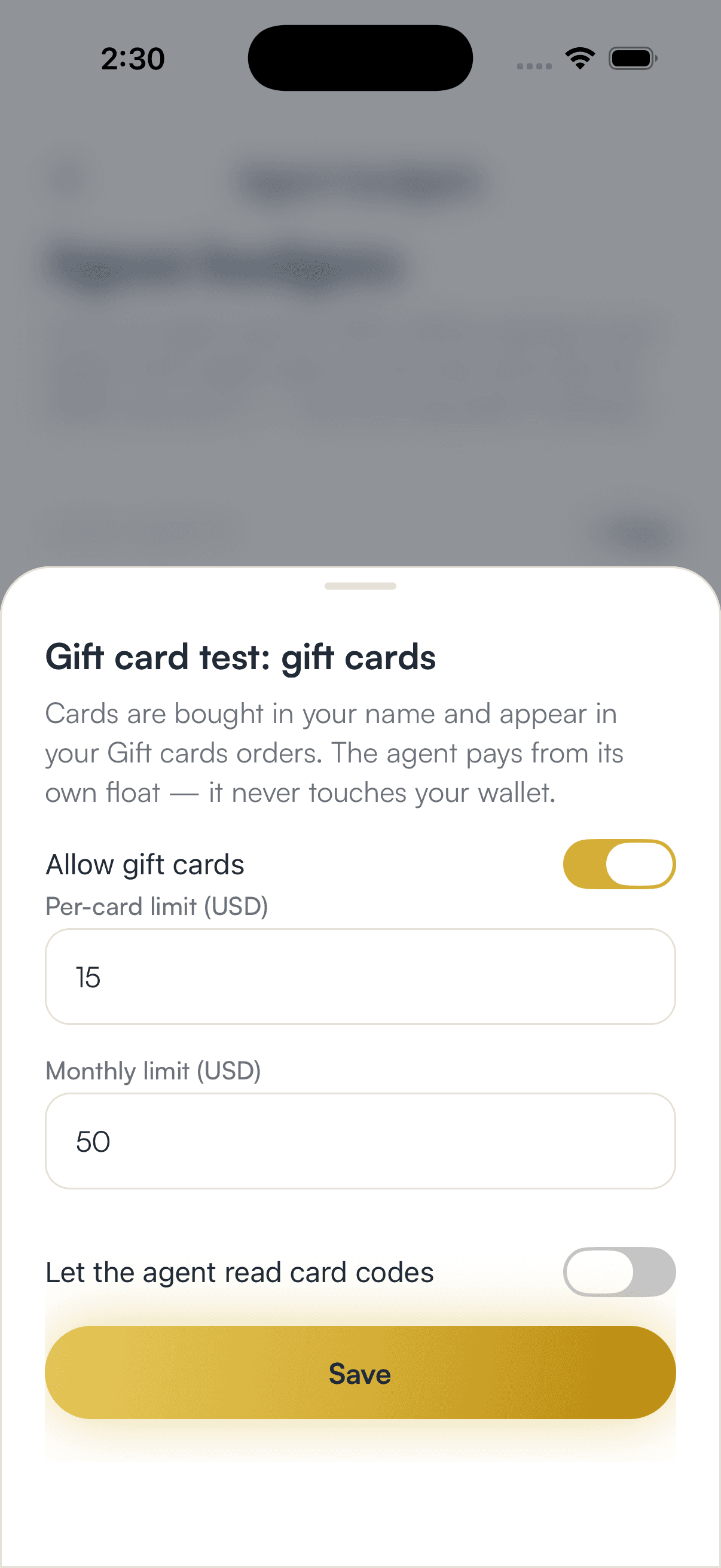 The gift card permission sheet for one agent, with a per-card limit, a monthly limit and card codes hidden by default