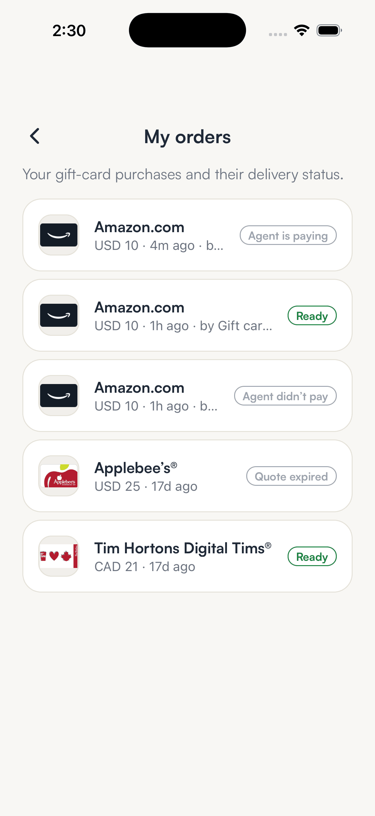 My orders showing a Ready Amazon.com card tagged as bought by an agent