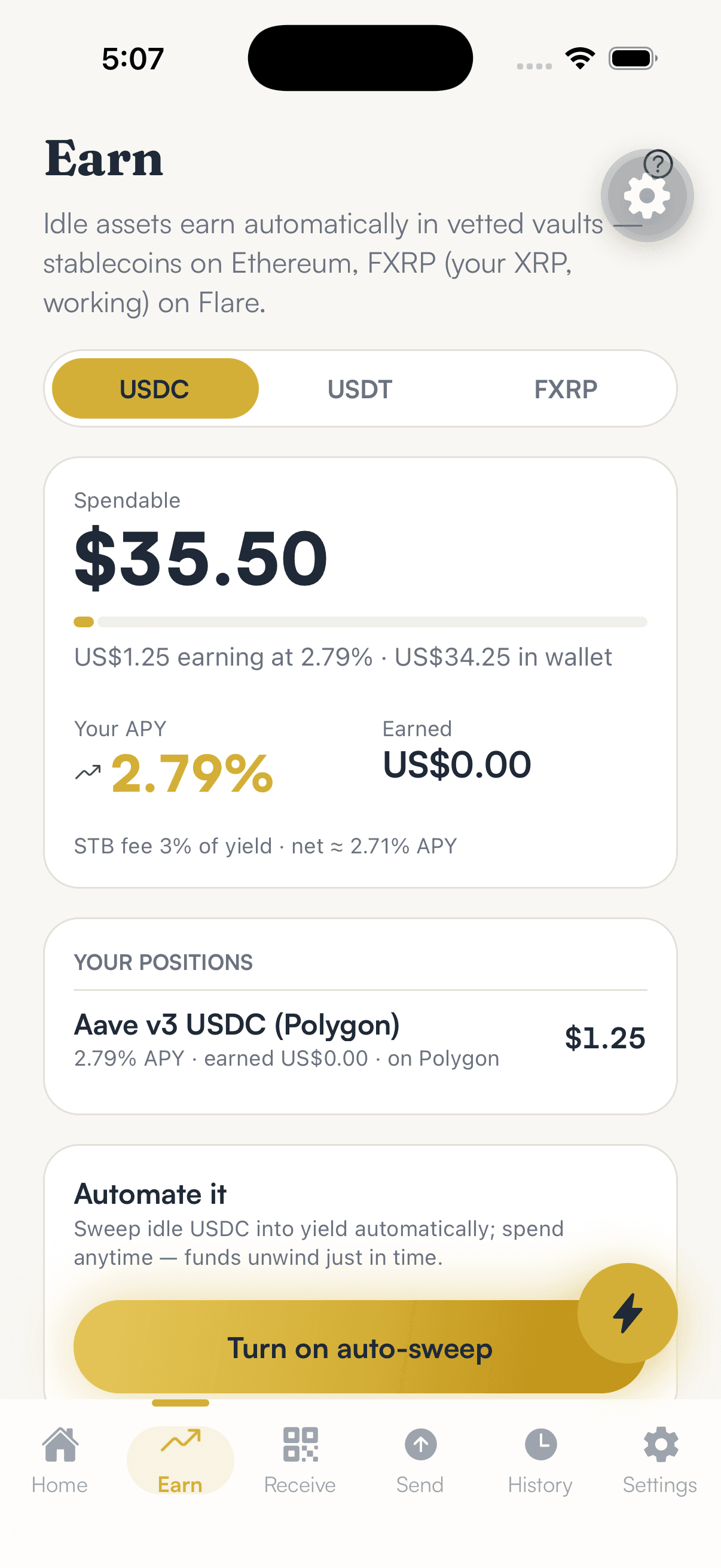 SpendTheBits Earn screen showing a live Aave v3 USDC position with observed APY