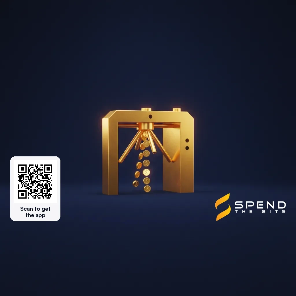 Tiny gold tokens passing one by one through a turnstile, representing pay-per-request API access.