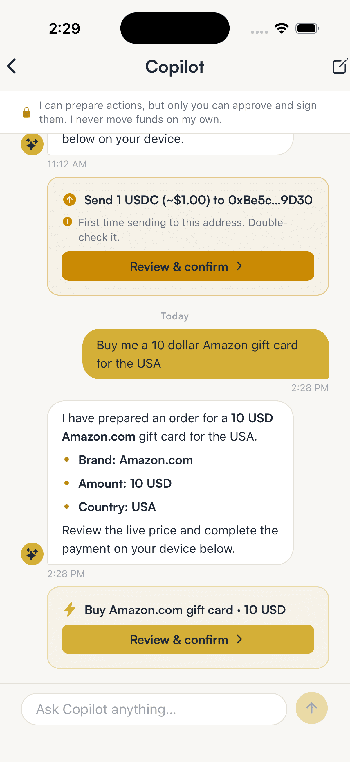 SpendTheBits Copilot preparing a 10 USD Amazon.com gift card order with a Review and confirm button