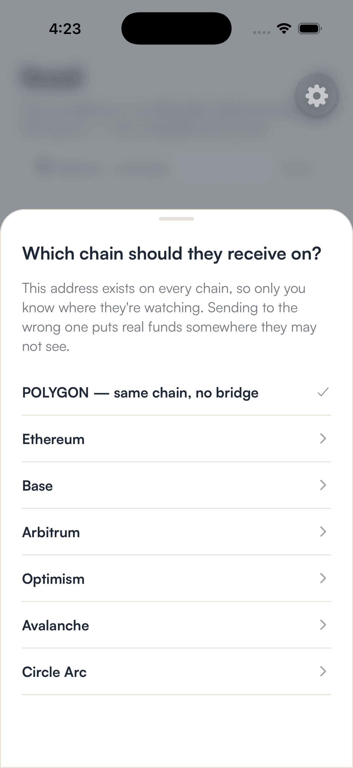 The SpendTheBits chain picker asking which chain the recipient should receive on, with Circle Arc listed