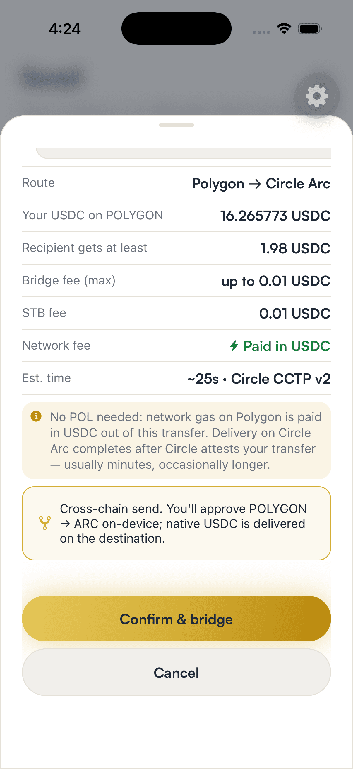 A SpendTheBits review screen for a Polygon to Circle Arc USDC transfer showing fees paid in USDC