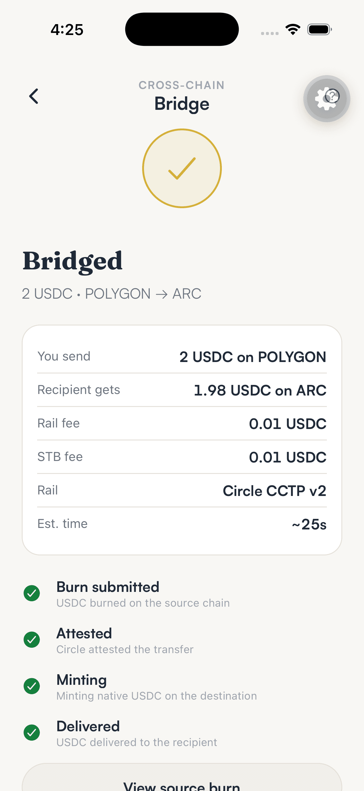 The SpendTheBits screen confirming 2 USDC bridged from Polygon to Arc