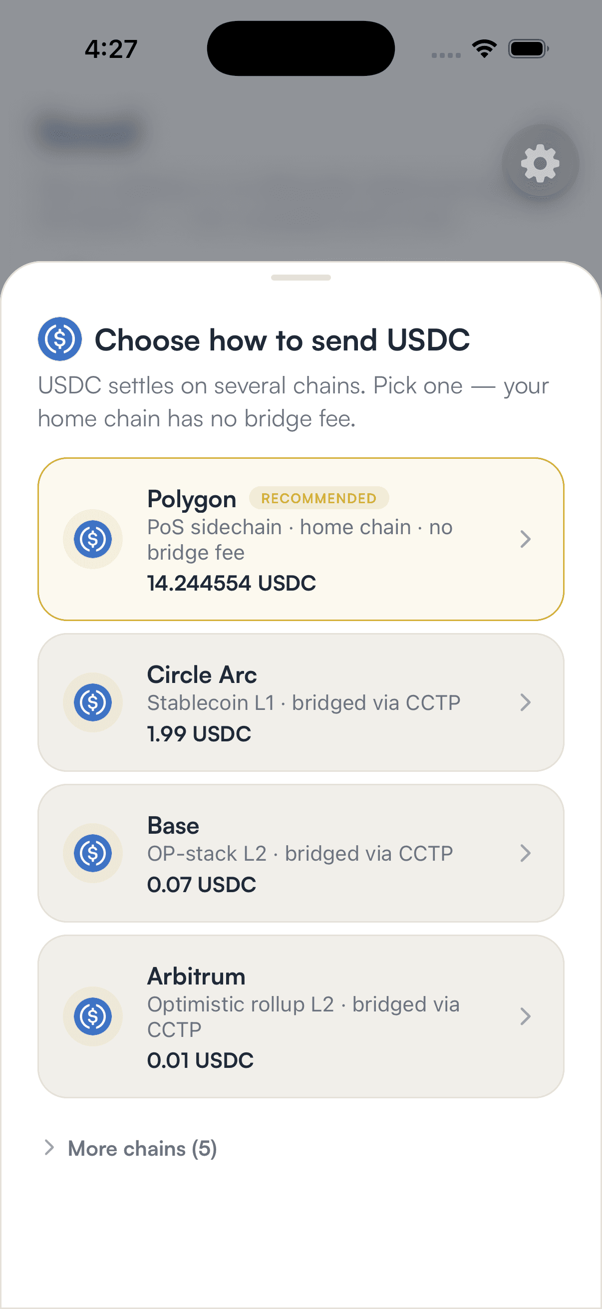The SpendTheBits screen asking how to send USDC, listing Polygon, Circle Arc, Base and Arbitrum balances