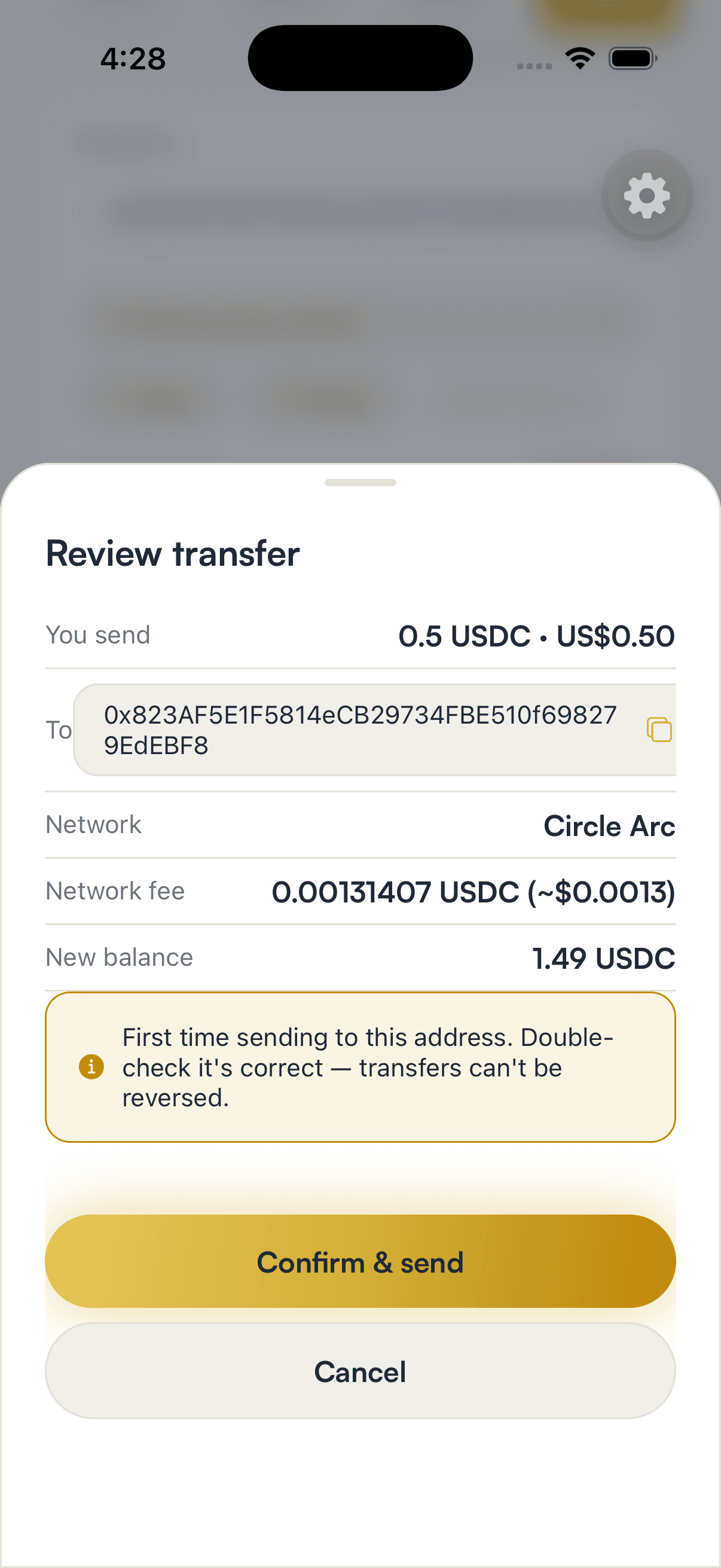 A SpendTheBits review screen for a USDC send on the Circle Arc network with a network fee of about 0.0013 USDC