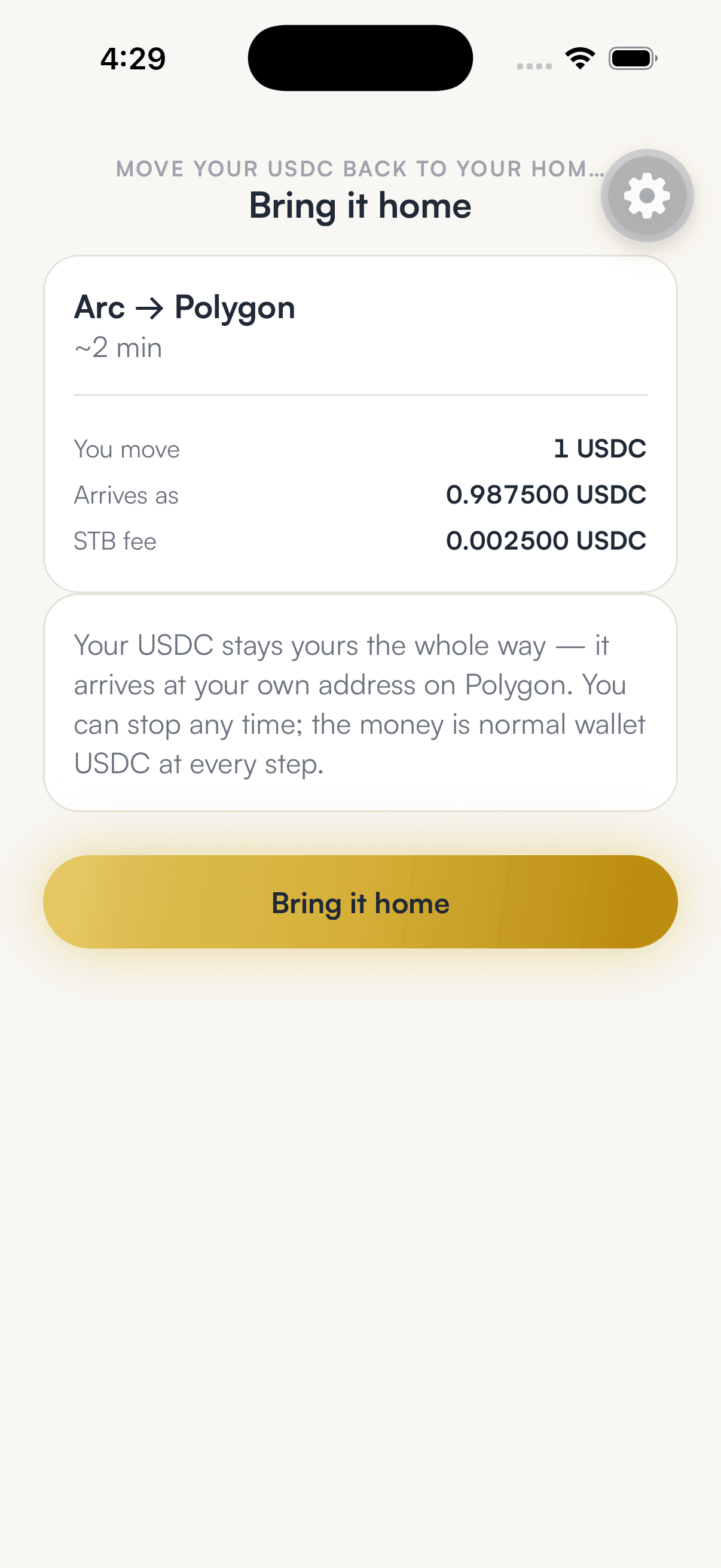The SpendTheBits Bring it home screen moving 1 USDC from Arc to Polygon