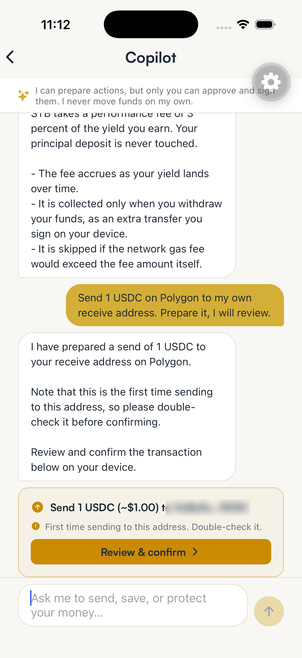 The SpendTheBits Copilot chat preparing a 1 USDC send and asking the user to review and confirm it on the device
