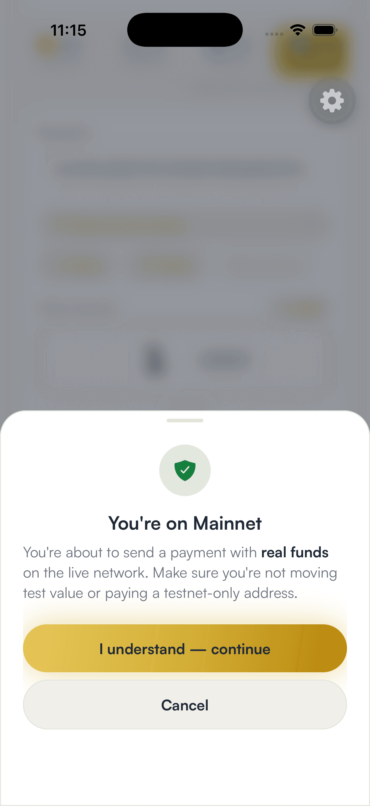 The SpendTheBits You're on Mainnet confirmation sheet with I understand and Cancel buttons