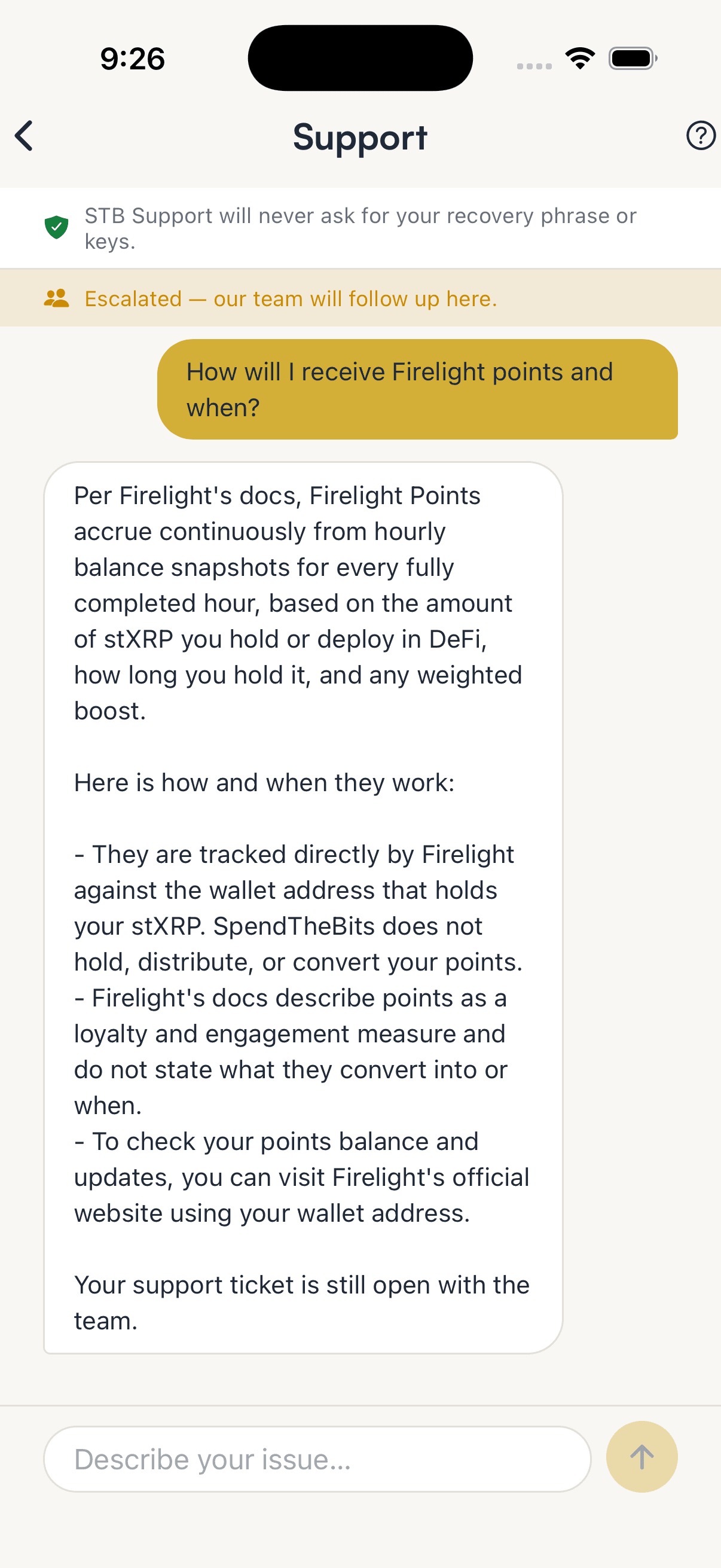 The SpendTheBits Support chat with a banner saying STB Support will never ask for your recovery phrase or keys