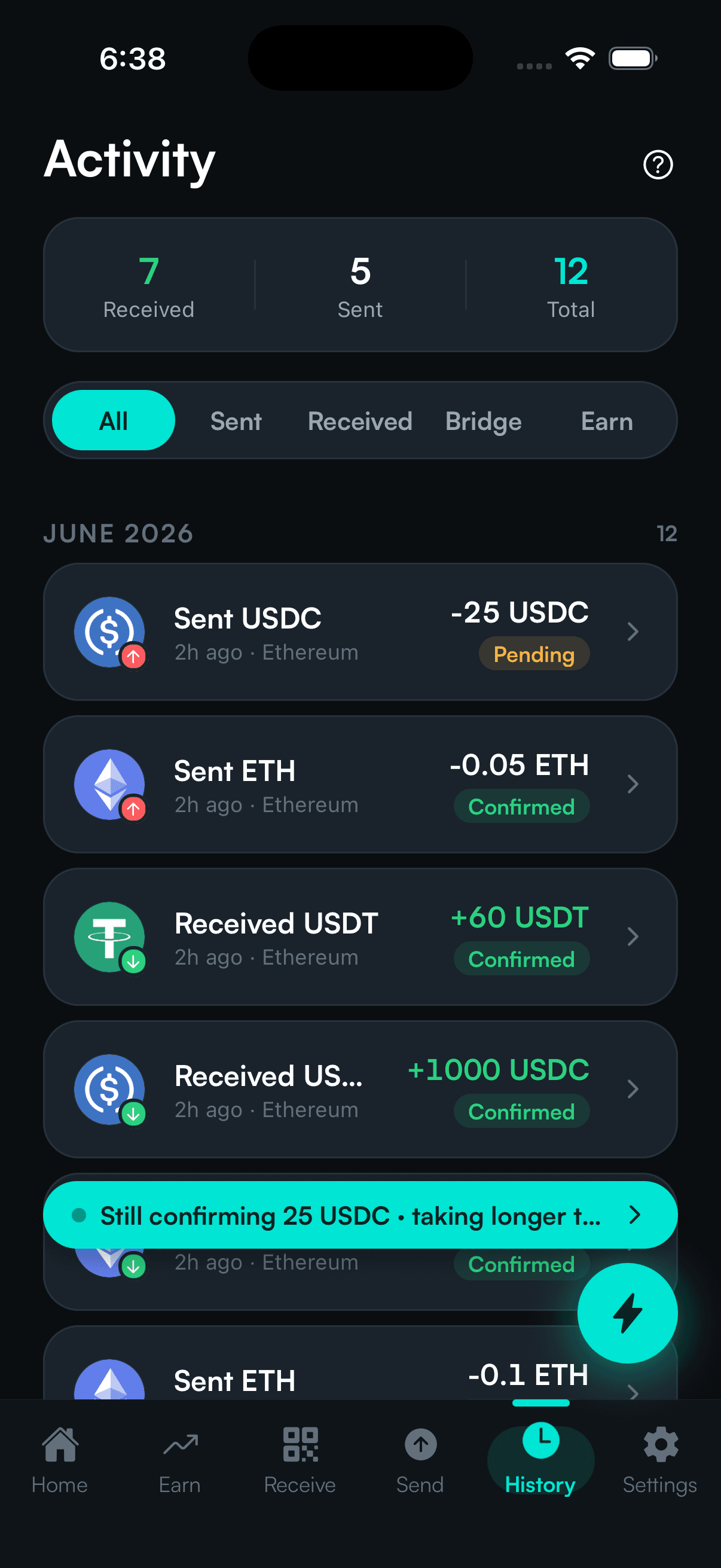 SpendTheBits app — Activity screen