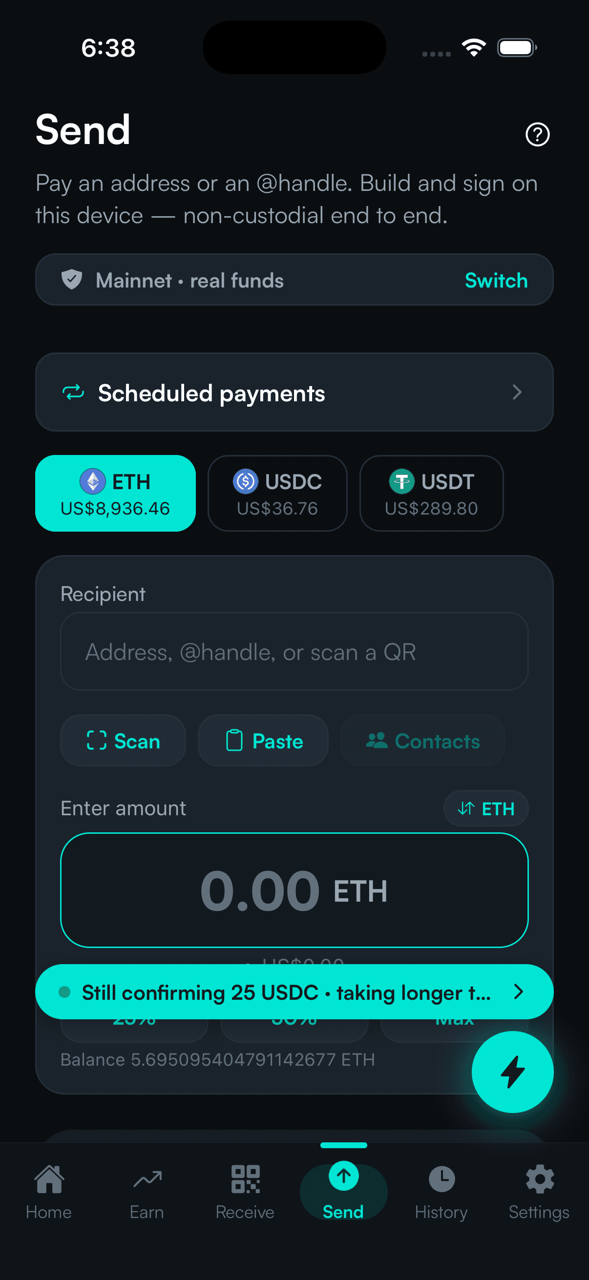 SpendTheBits app — Send screen