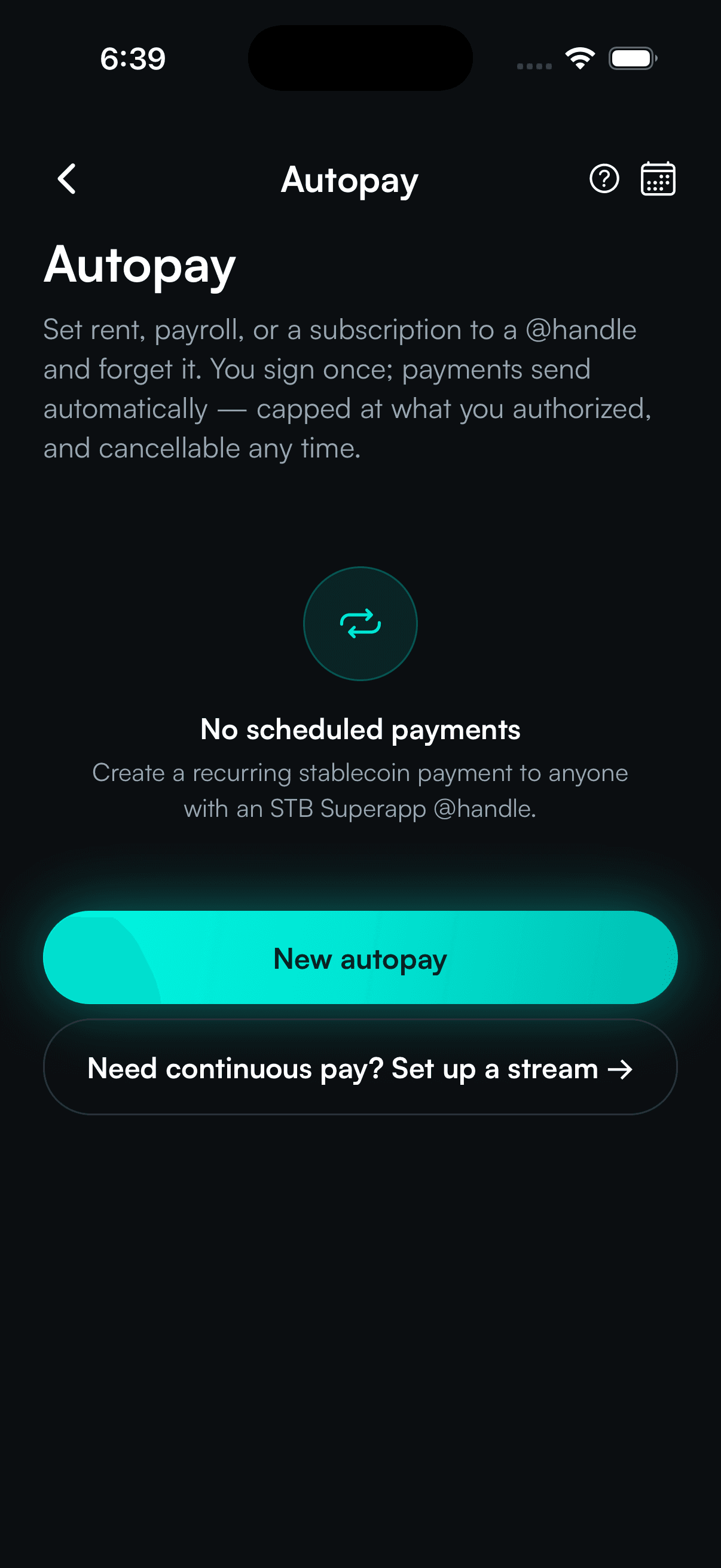SpendTheBits app — Autopay screen