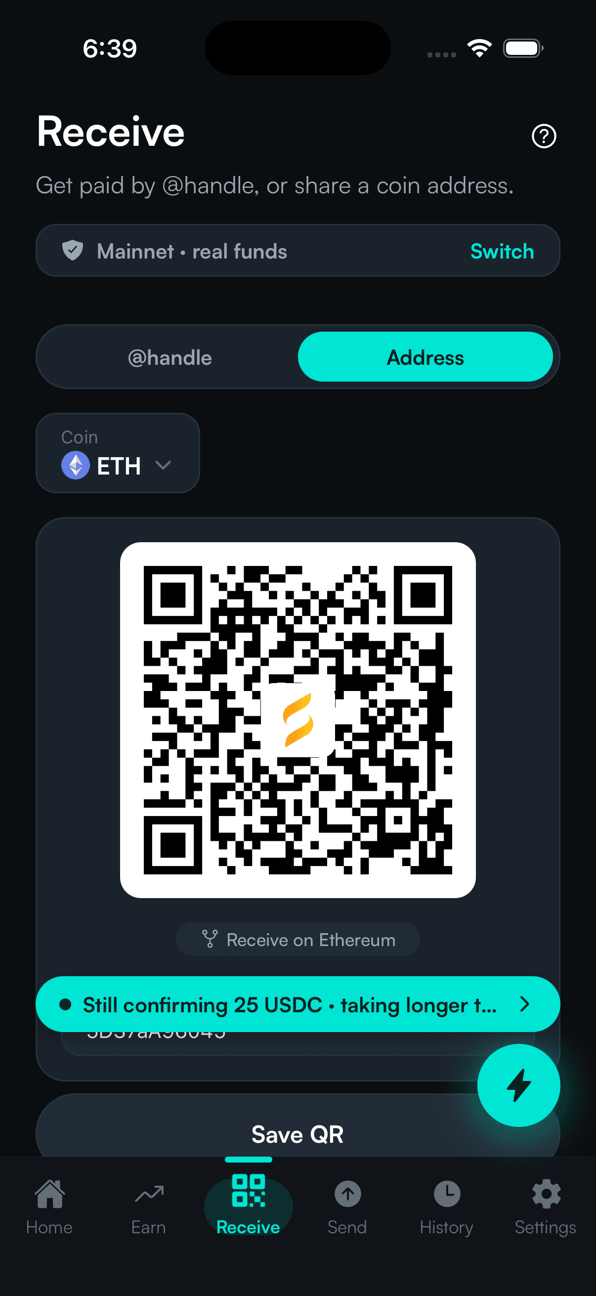 SpendTheBits app — Receive screen