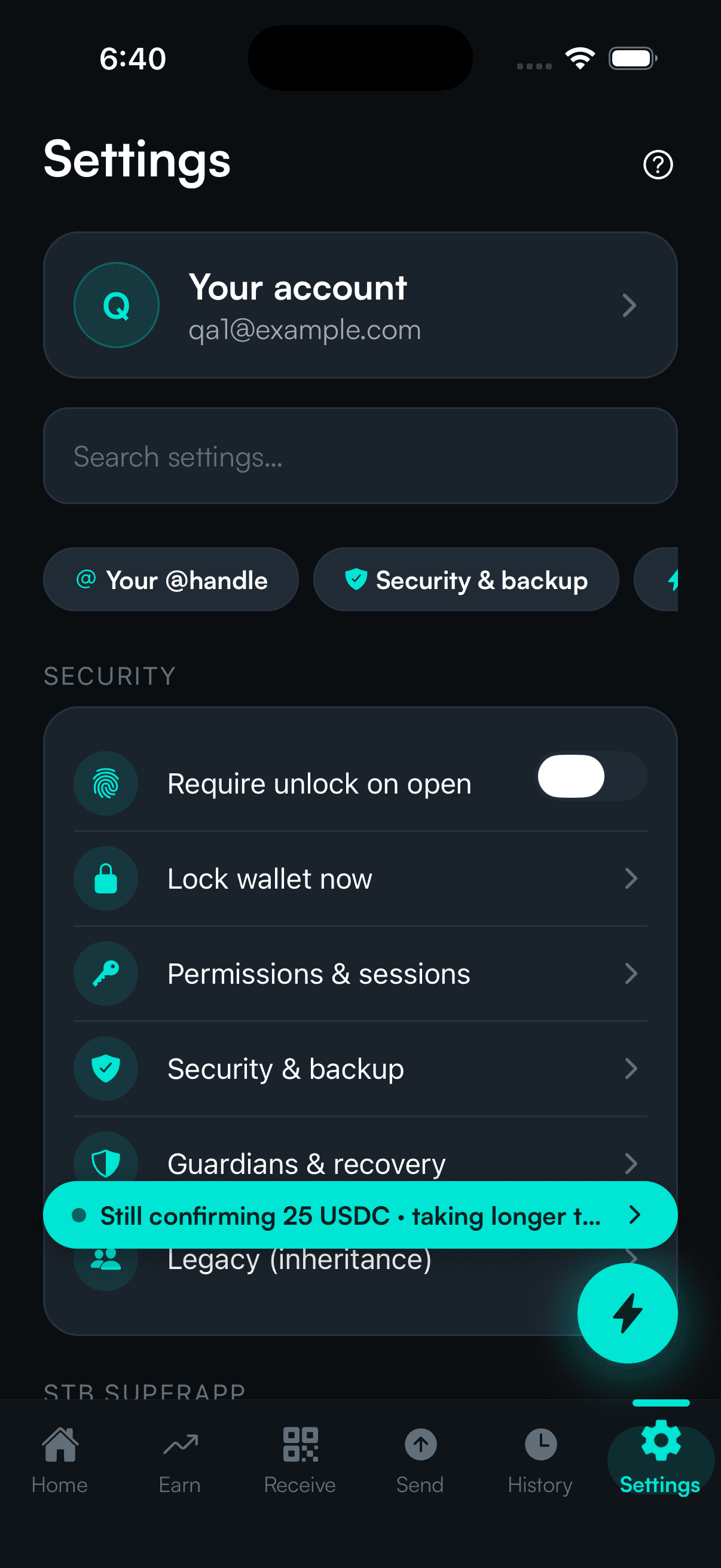 SpendTheBits app — Settings screen