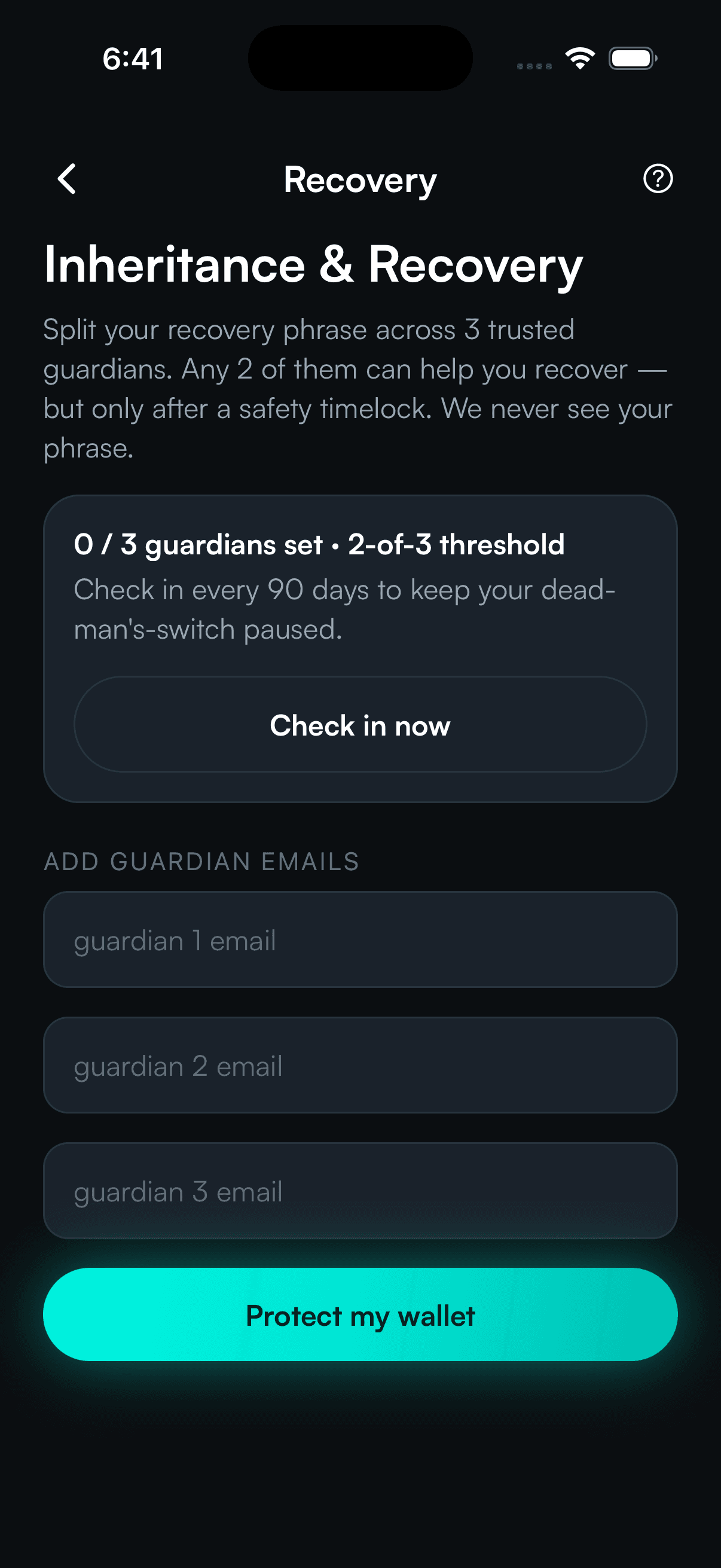 SpendTheBits app — Recovery screen