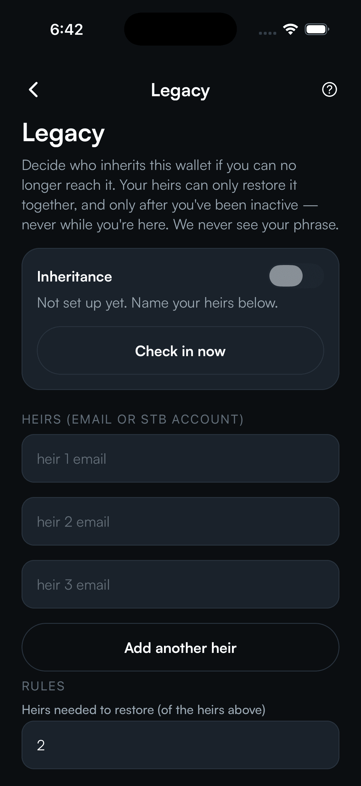 SpendTheBits app — Inheritance screen