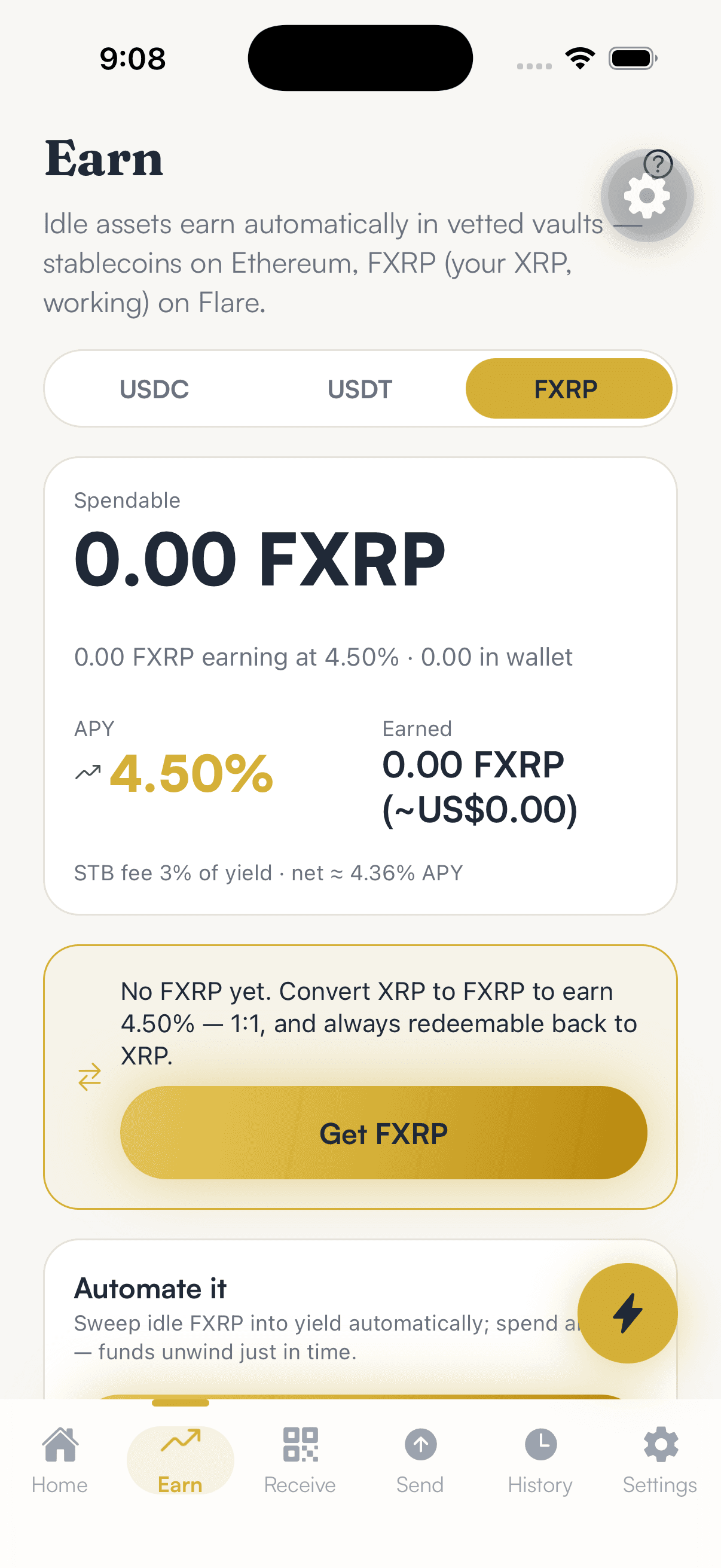 The SpendTheBits Earn FXRP tab with a Get FXRP button