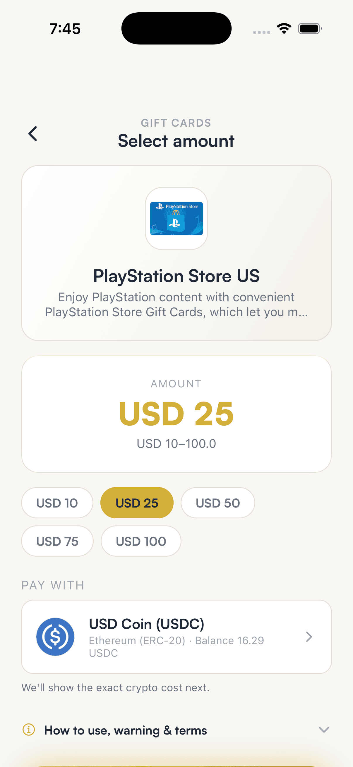 The SpendTheBits amount screen for a PlayStation Store US gift card with USD 25 selected and USD Coin as the payment