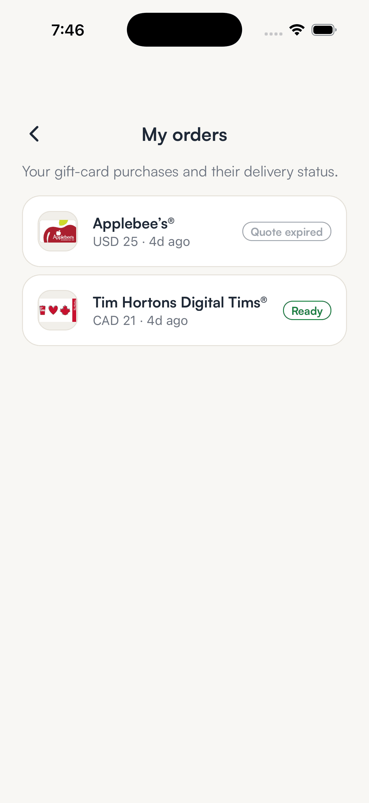 The SpendTheBits gift card orders list with a Tim Hortons card marked Ready