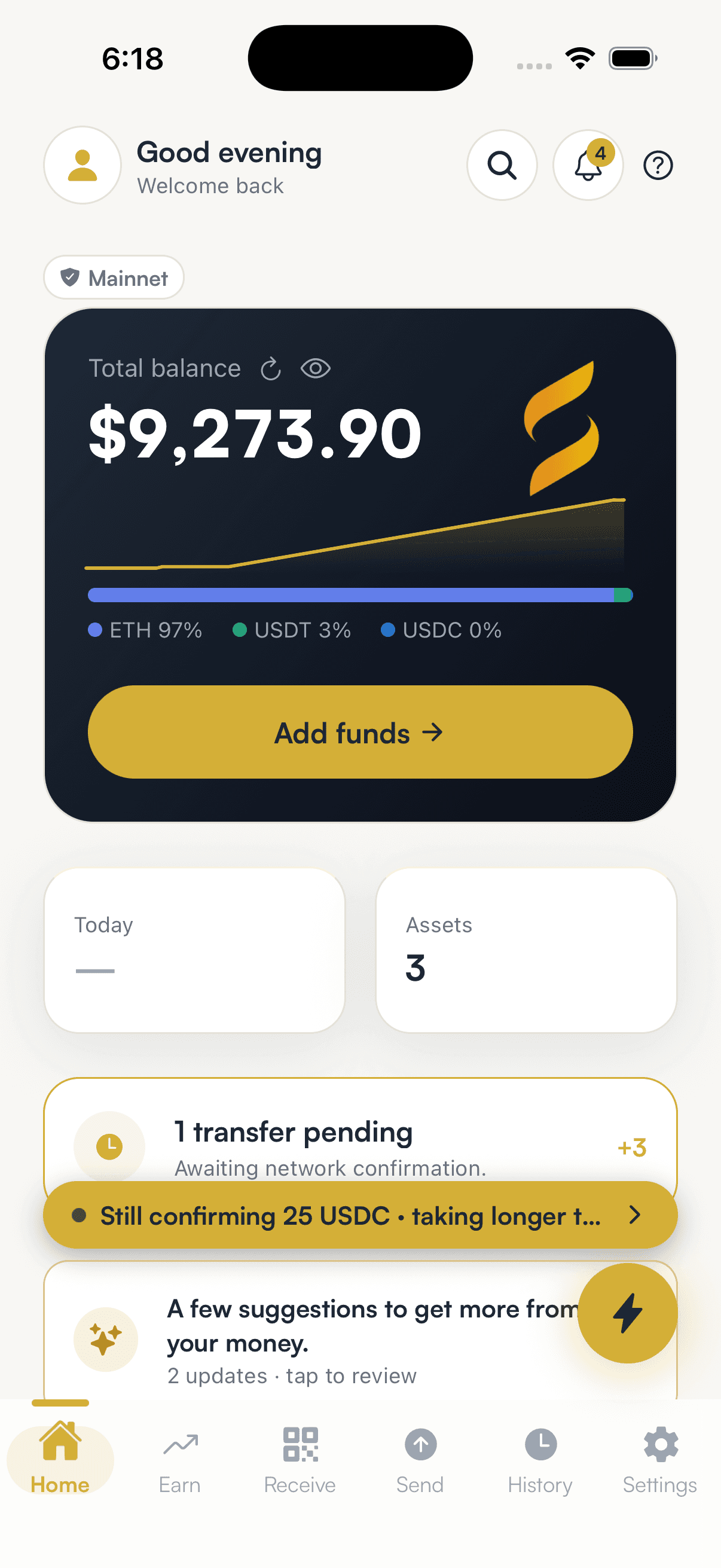SpendTheBits app — Home screen