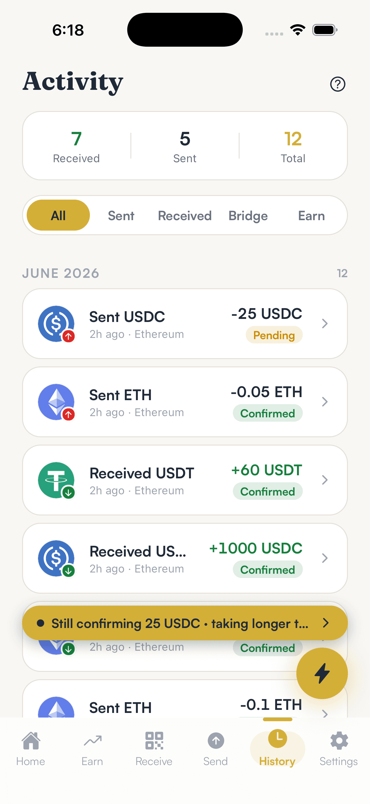 SpendTheBits app — Activity screen
