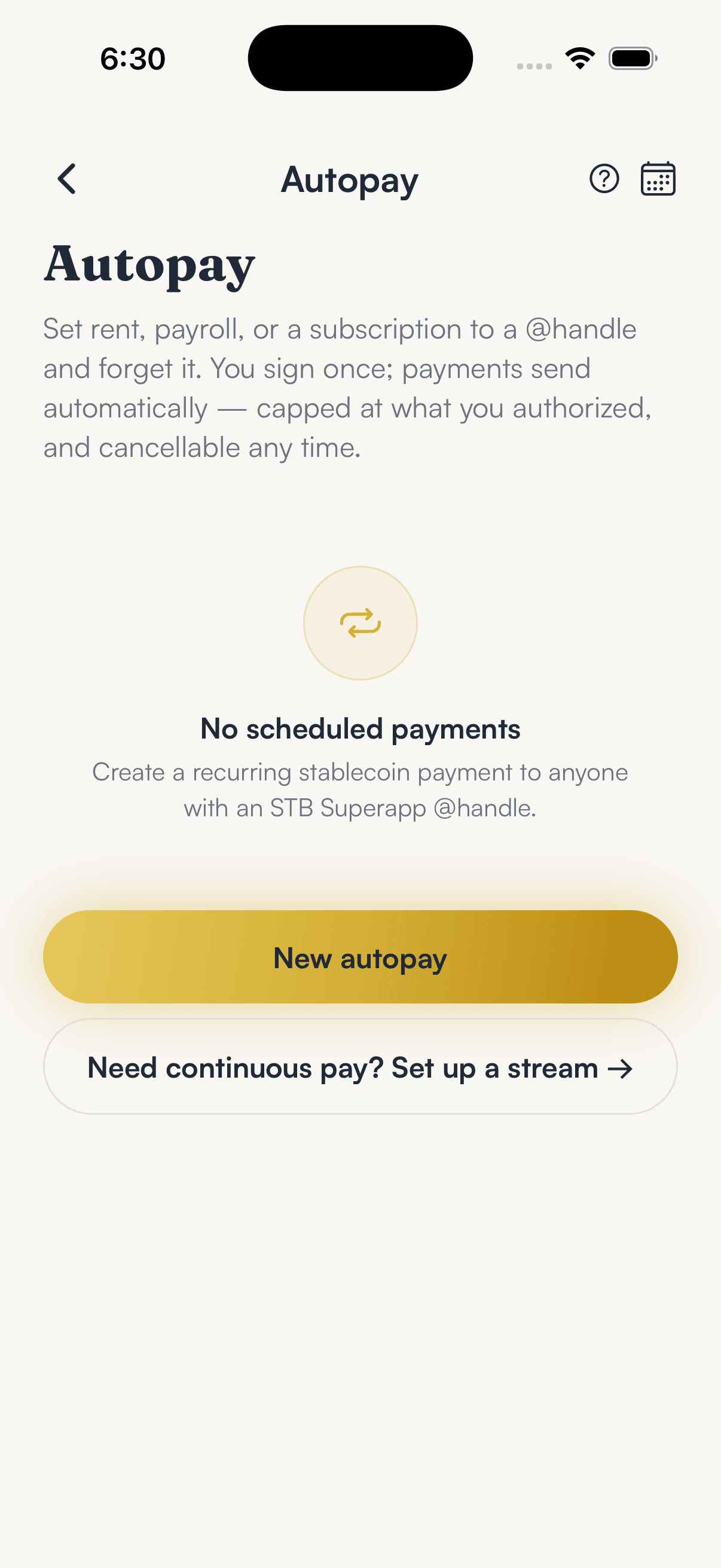 SpendTheBits app — Autopay screen