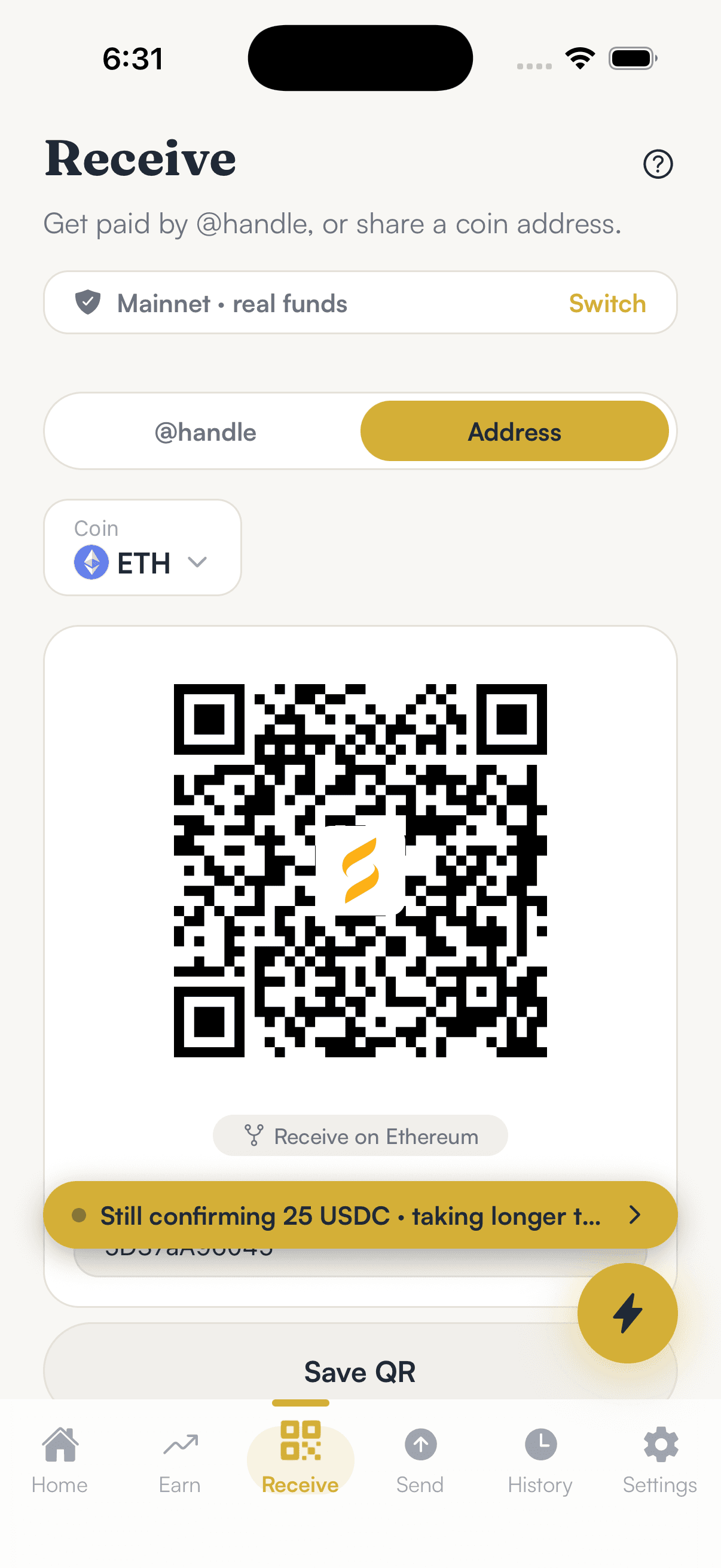 SpendTheBits app — Receive screen