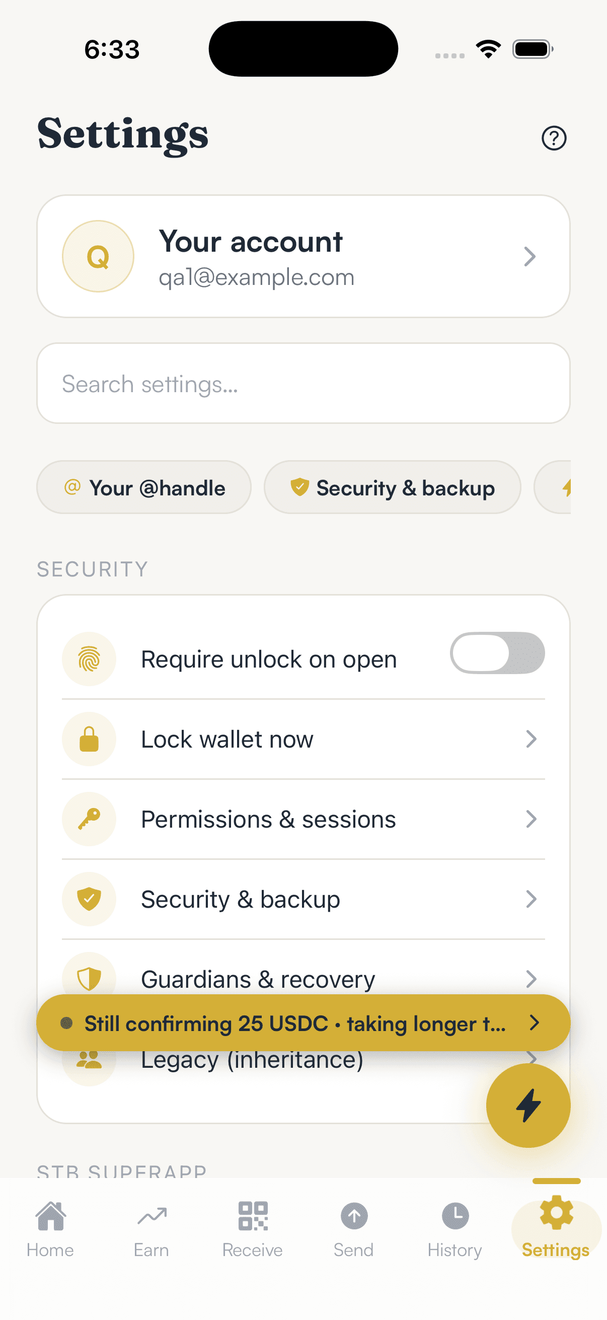 SpendTheBits app — Settings screen
