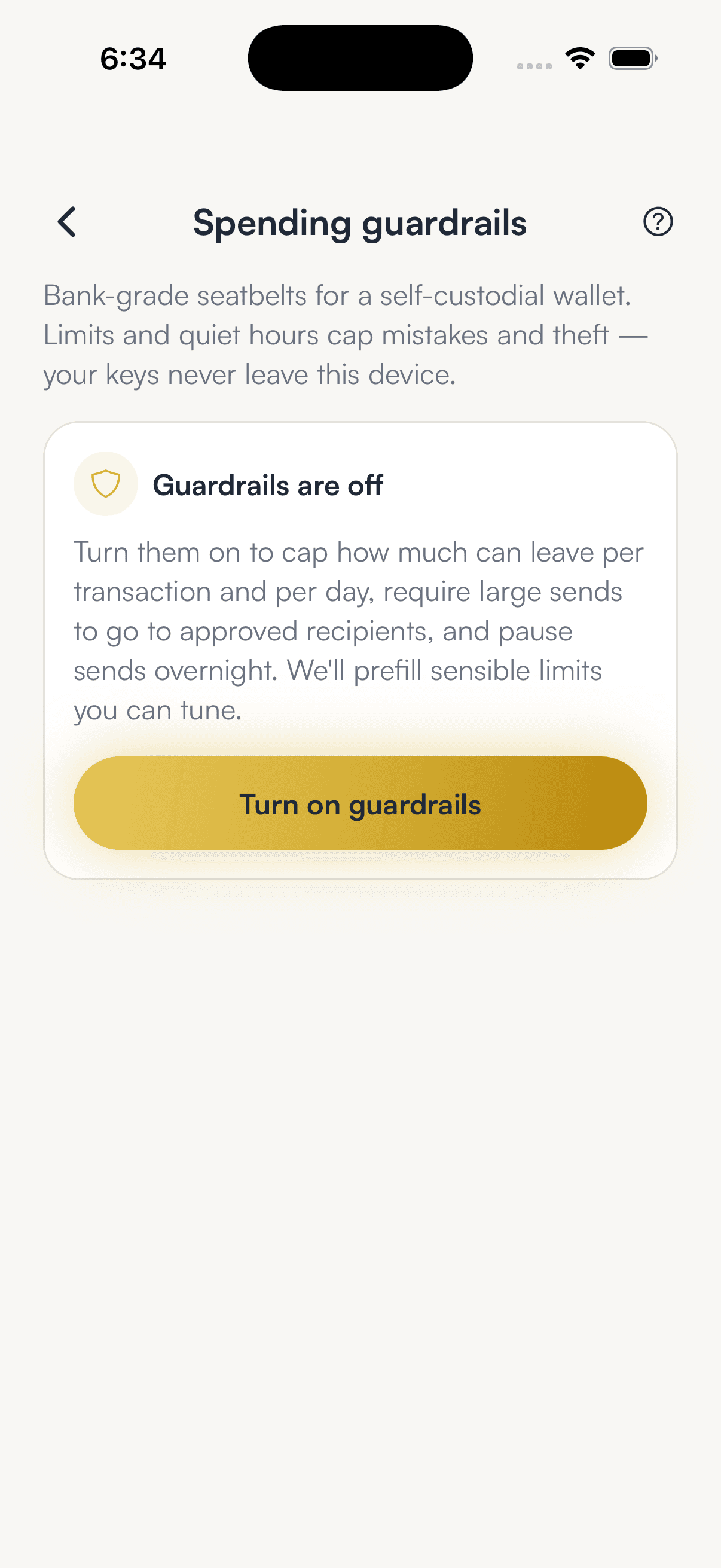 SpendTheBits app — Guardrails screen