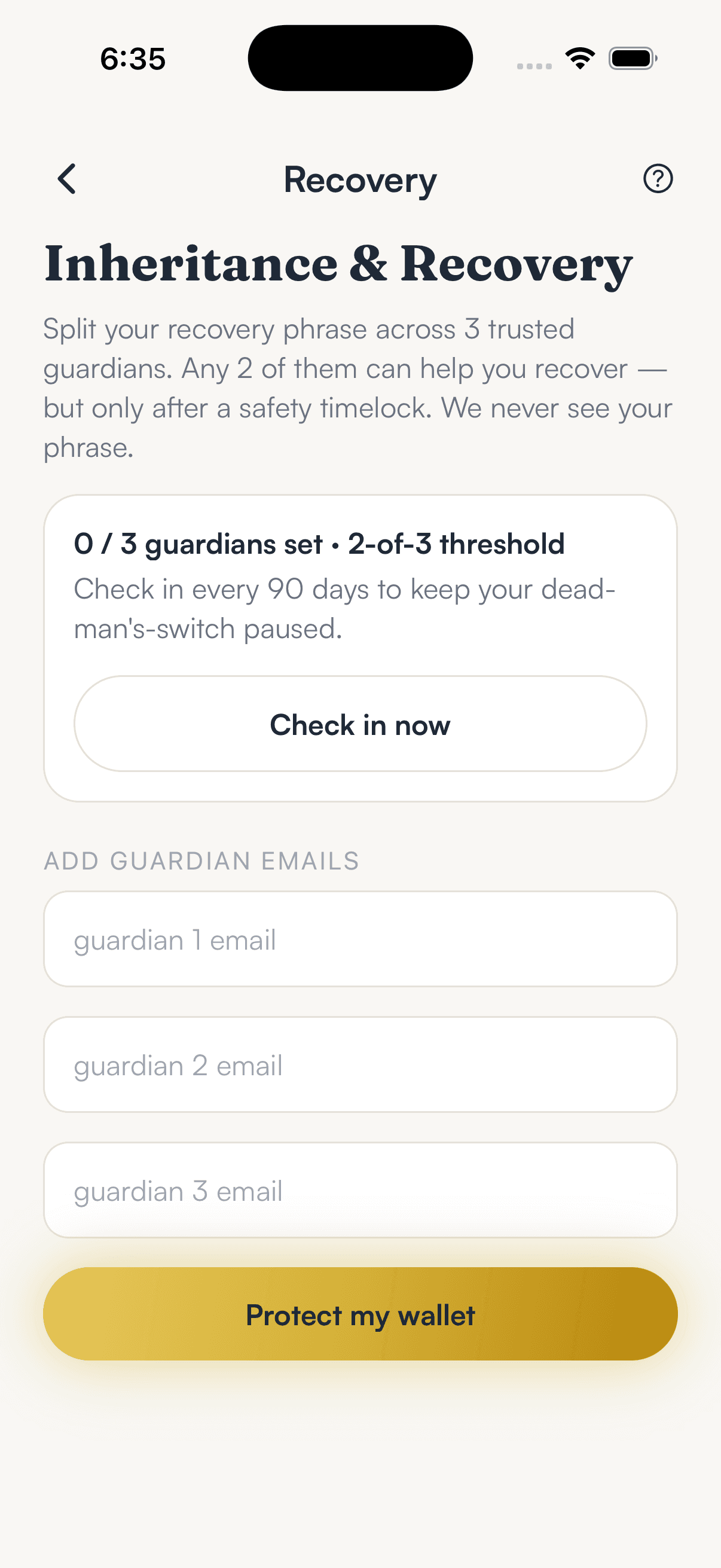 SpendTheBits app — Recovery screen