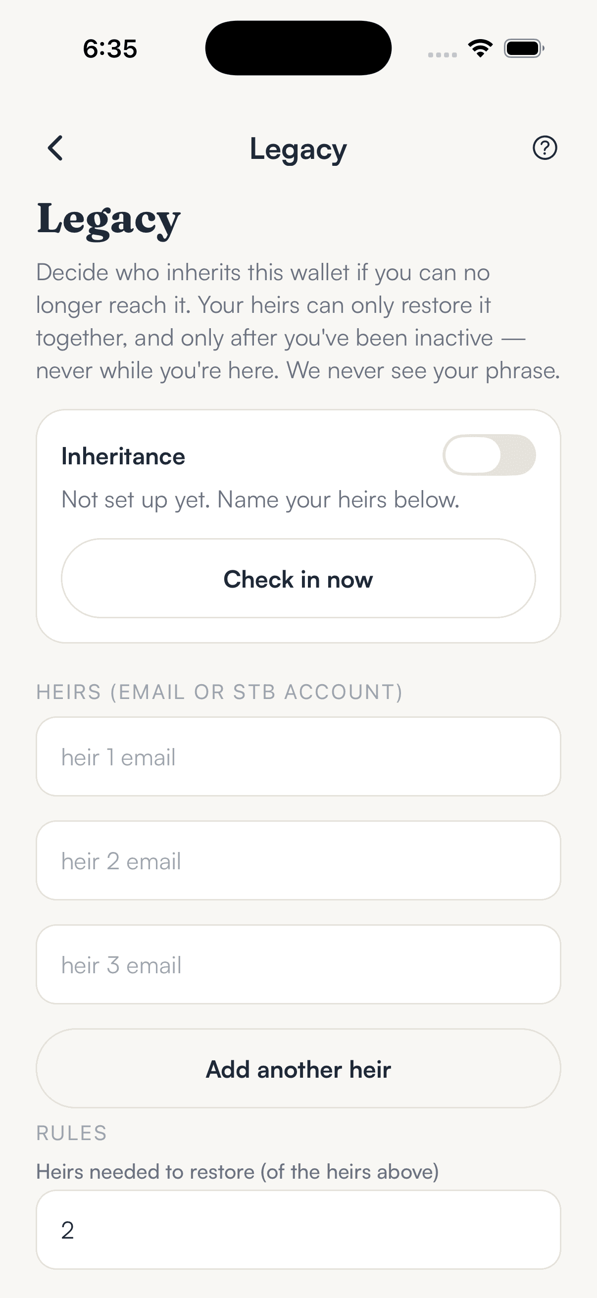 SpendTheBits app — Inheritance screen