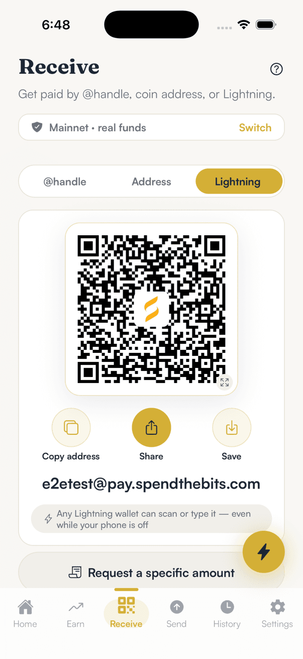 SpendTheBits Receive screen on the Lightning tab, showing a QR code, Copy address, Share and Save buttons, and the address e2etest@pay.spendthebits.com
