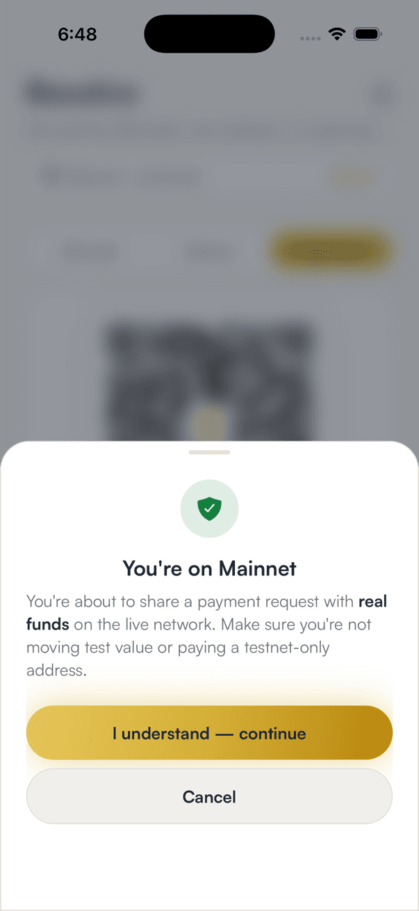 A sheet titled You're on Mainnet explaining the payment request uses real funds, with I understand, continue and Cancel buttons