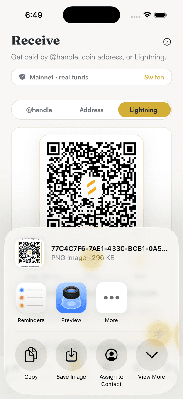 The iPhone share sheet with a PNG image of the Lightning QR code and address, and options including Copy and Save Image