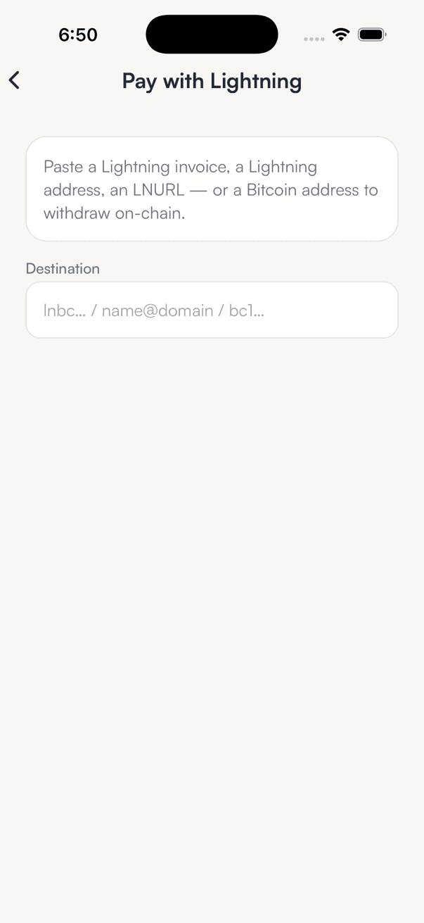 Pay with Lightning screen asking to paste a Lightning invoice, a Lightning address, an LNURL or a Bitcoin address, with an empty Destination field