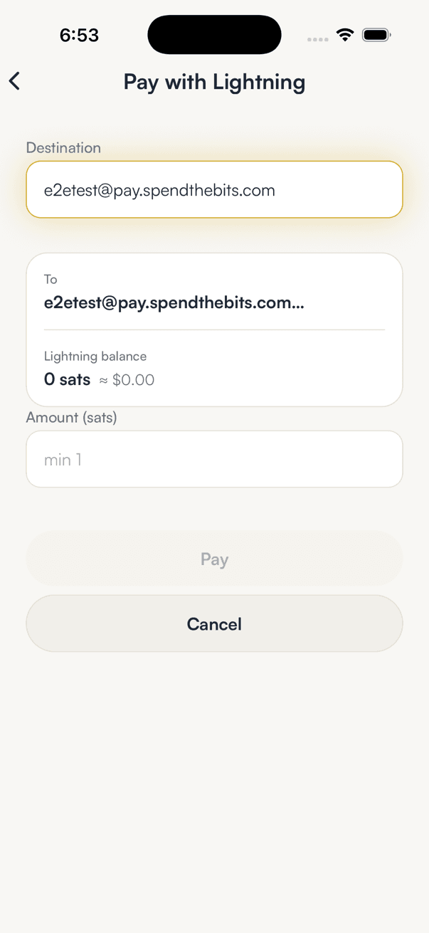 The Destination field filled with a Lightning address, a card showing To and the Lightning balance, an Amount in sats field and Pay and Cancel buttons