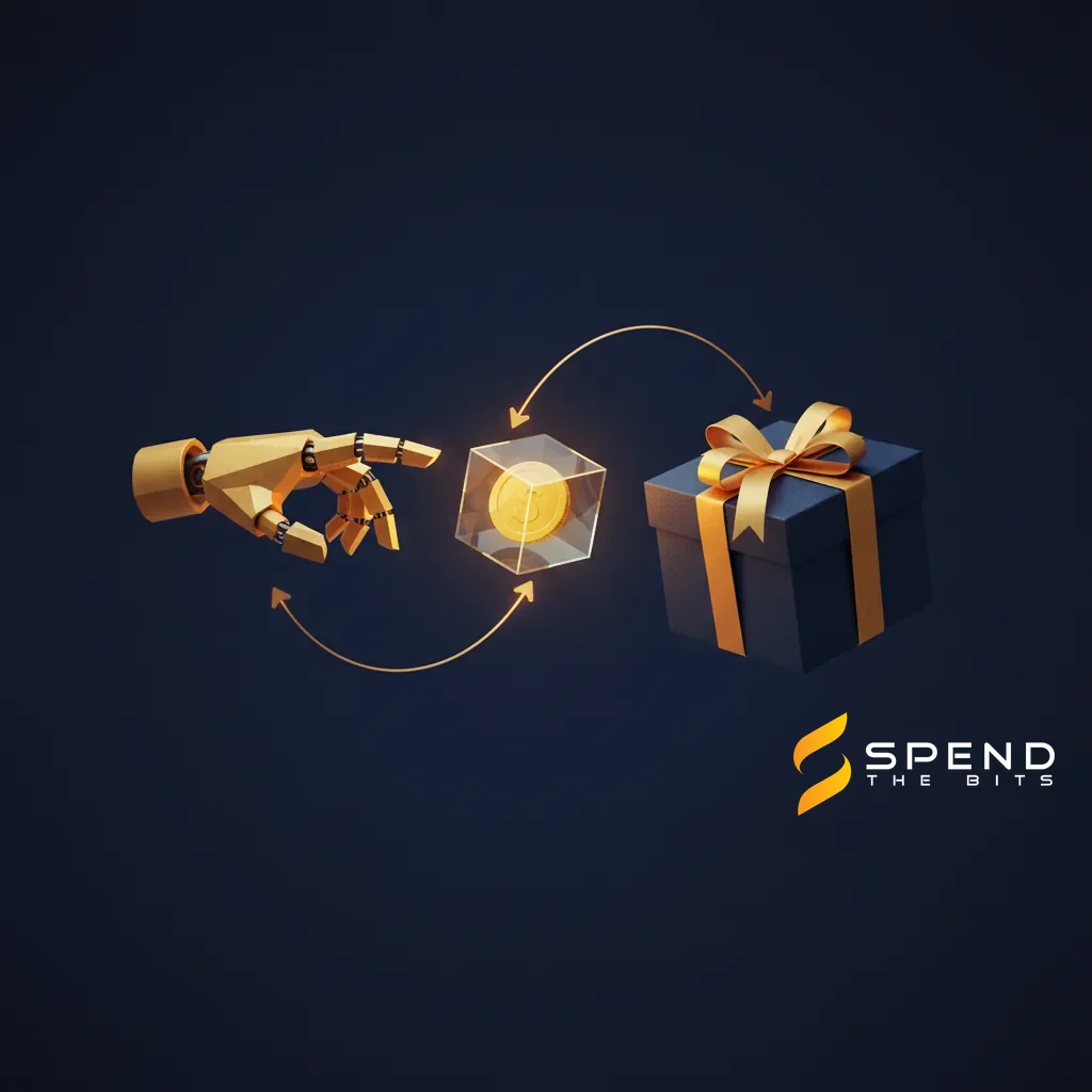 A gold robot hand reaching for a gift box while a coin sits inside a sealed glass cube with only two paths out, representing an agent payment held by a contract that can only forward or refund.