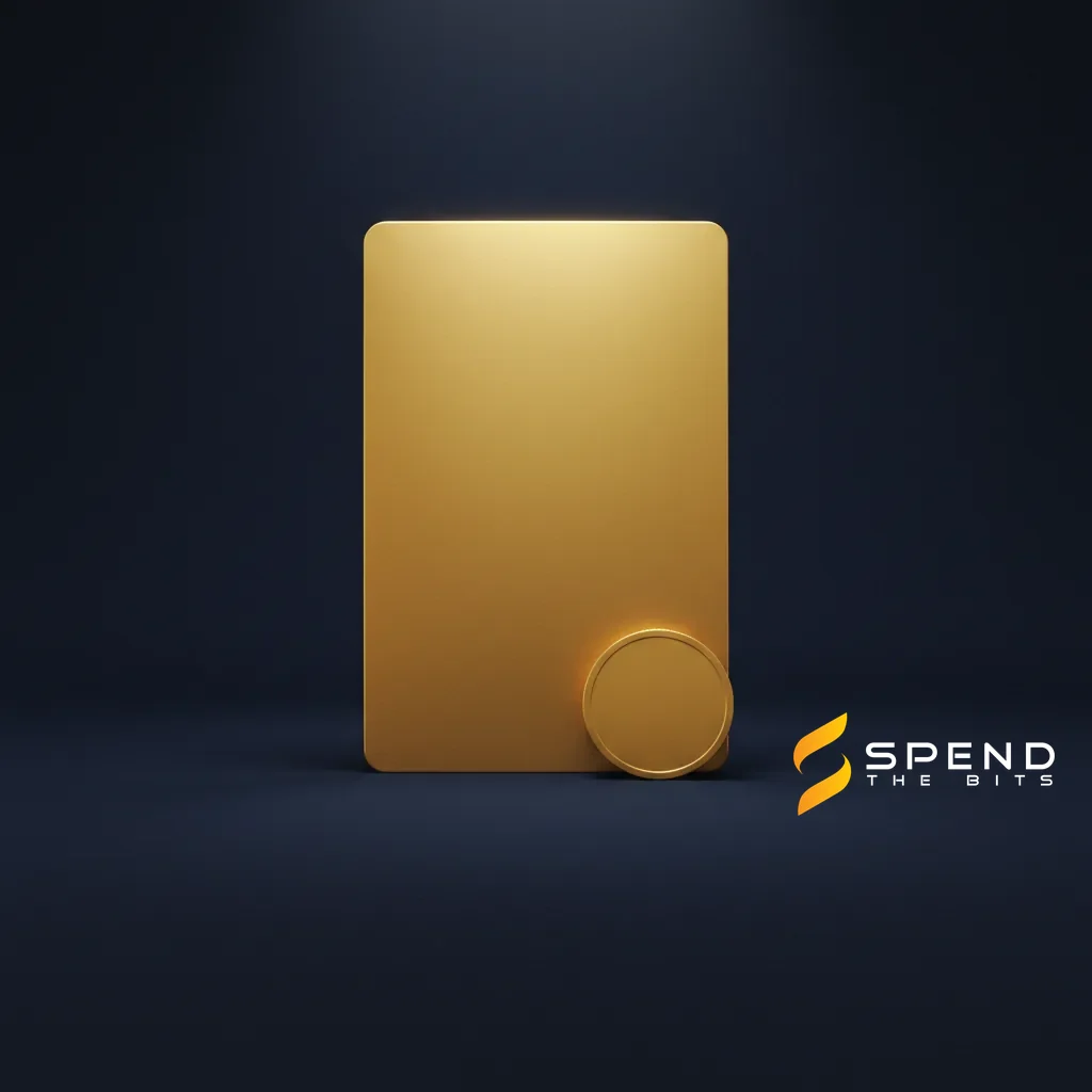 A gold card standing upright with a coin resting against it, representing a gift card paid in USDC.