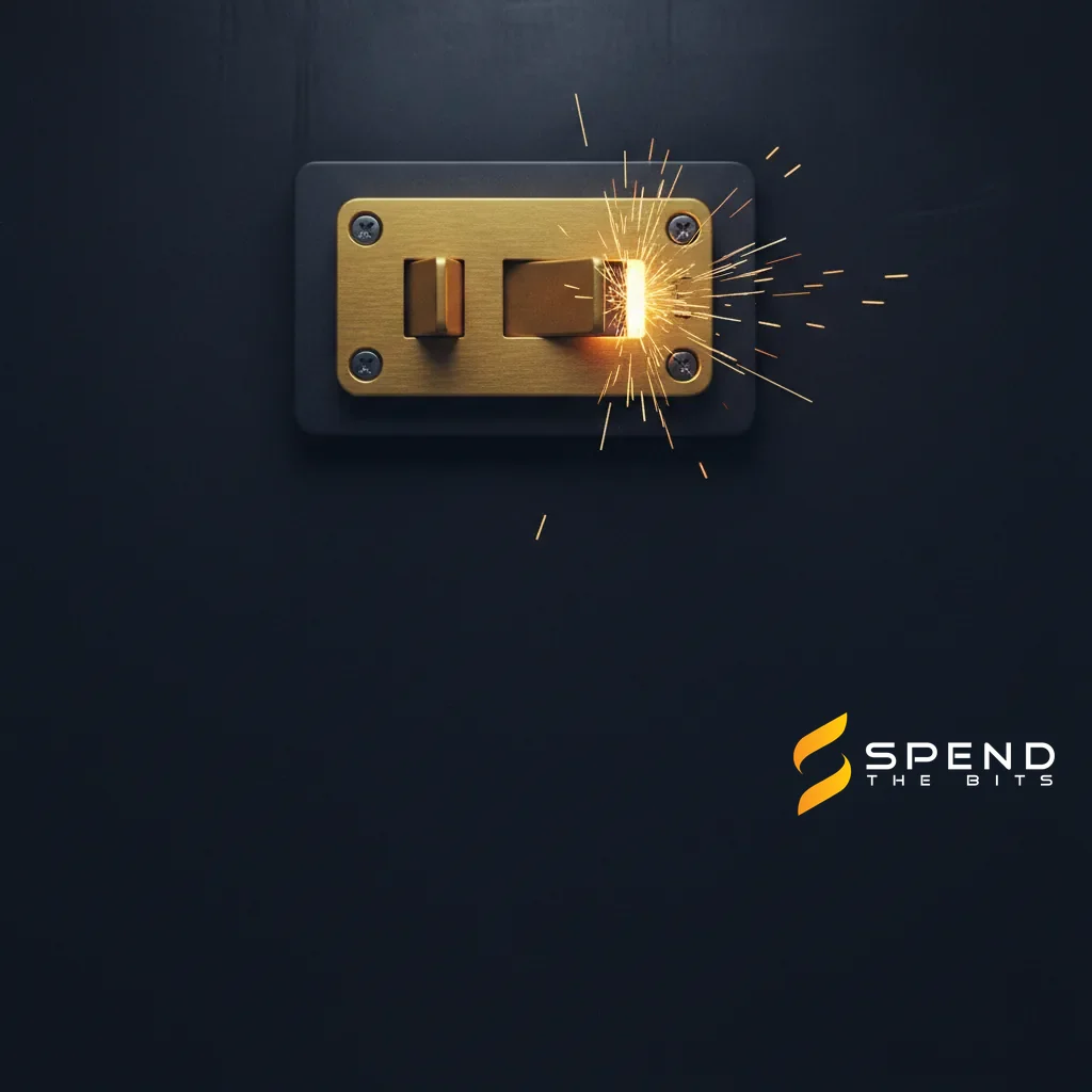 A gold circuit-breaker switch caught mid-flip with sparks, representing an automatic safety cutoff for yield positions.