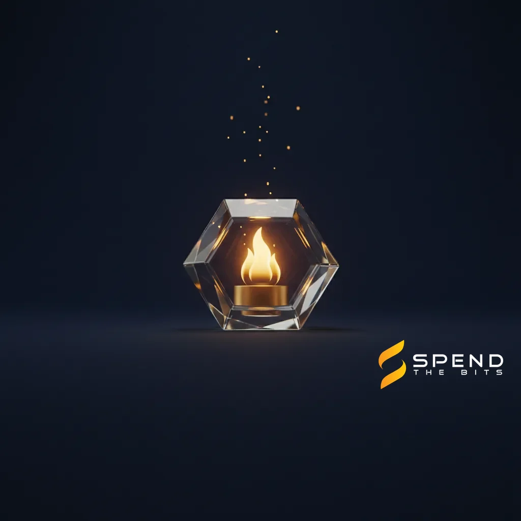 A steady gold flame inside a clear vessel with rising embers, representing staked XRP accruing Points.
