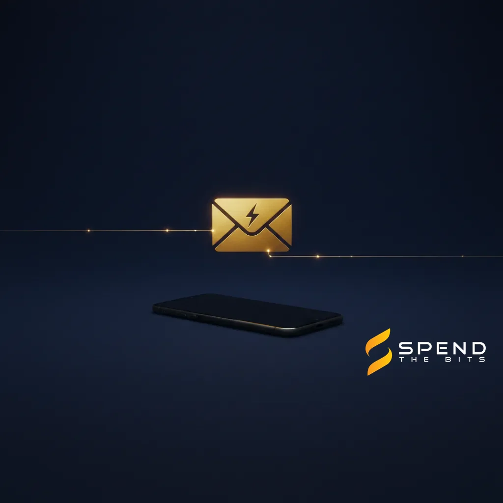 A gold envelope marked with a lightning bolt receiving a thin line of light above a sleeping phone, representing a Lightning address that gets paid while the phone is off.