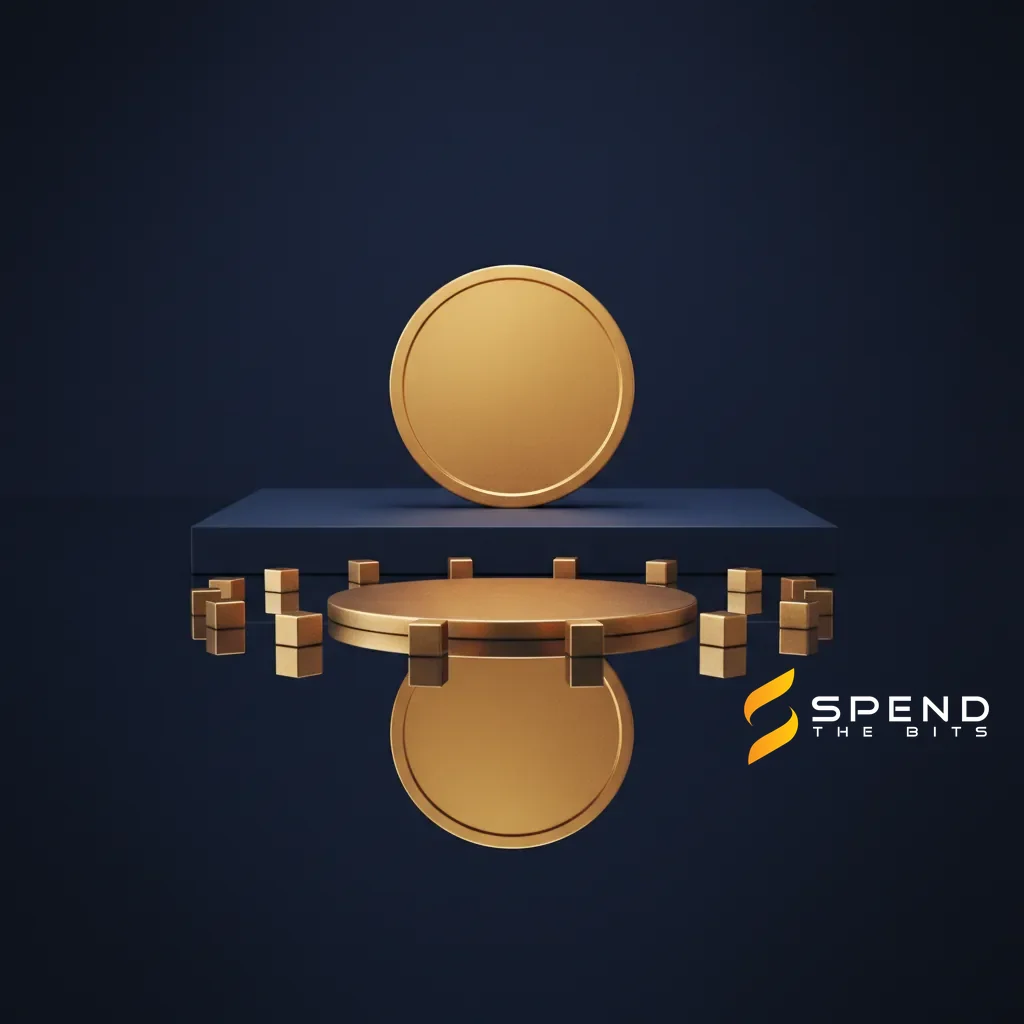 A gold coin and its reflection held by a ring of collateral blocks, representing XRP represented on Flare.