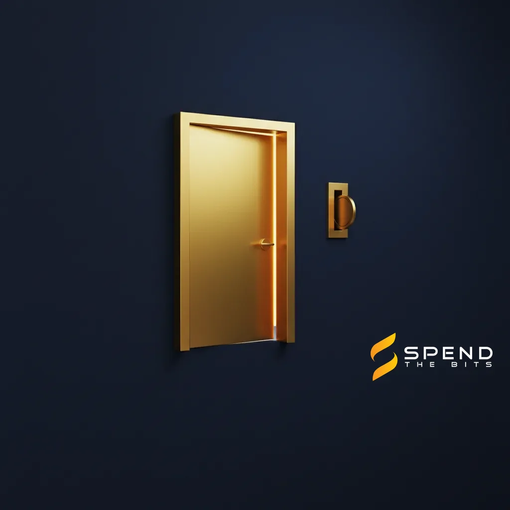 A gold doorway opening as a small token passes through a slot, representing a pay-per-request web resource.