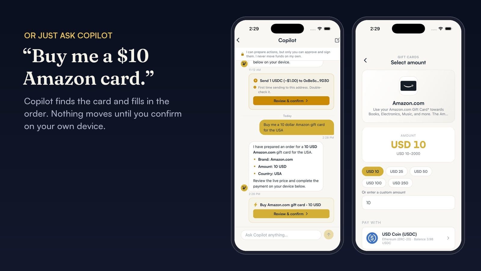 Copilot preparing a 10 dollar Amazon.com gift card order, which the owner reviews and confirms on the device