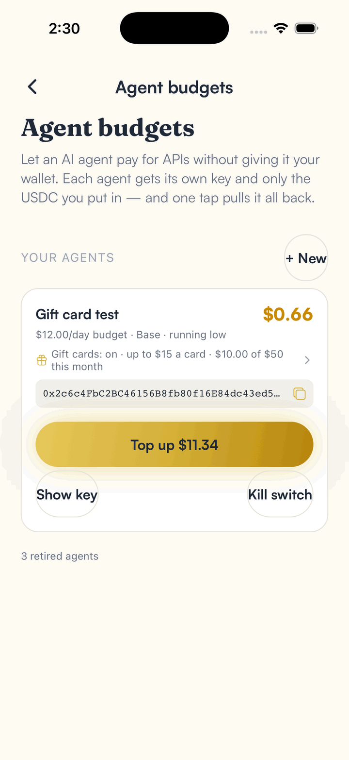 The Agent budgets screen in SpendTheBits showing a spending cap and kill switch