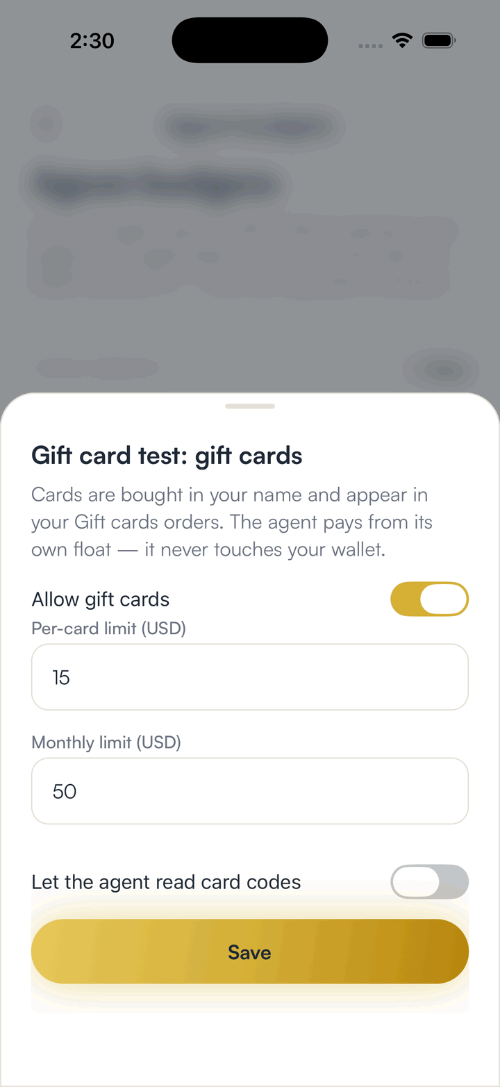 The SpendTheBits sheet that allows gift cards for one agent, with a per-card limit, a monthly limit and card codes hidden by default