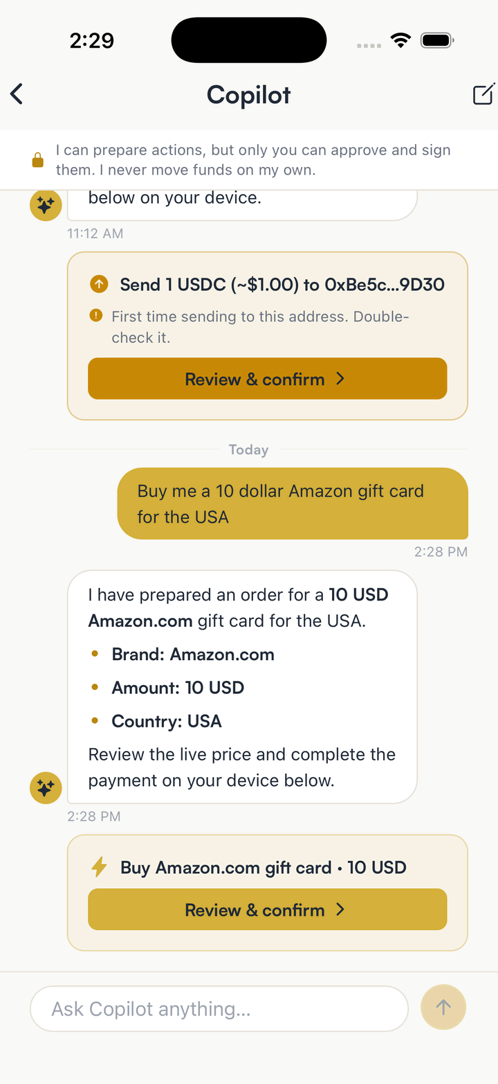 SpendTheBits Copilot with a prepared send and a prepared gift card order that wait for the user to review and confirm
