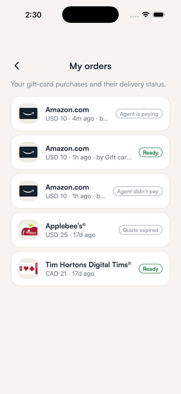 The orders list in SpendTheBits showing an order placed by an agent