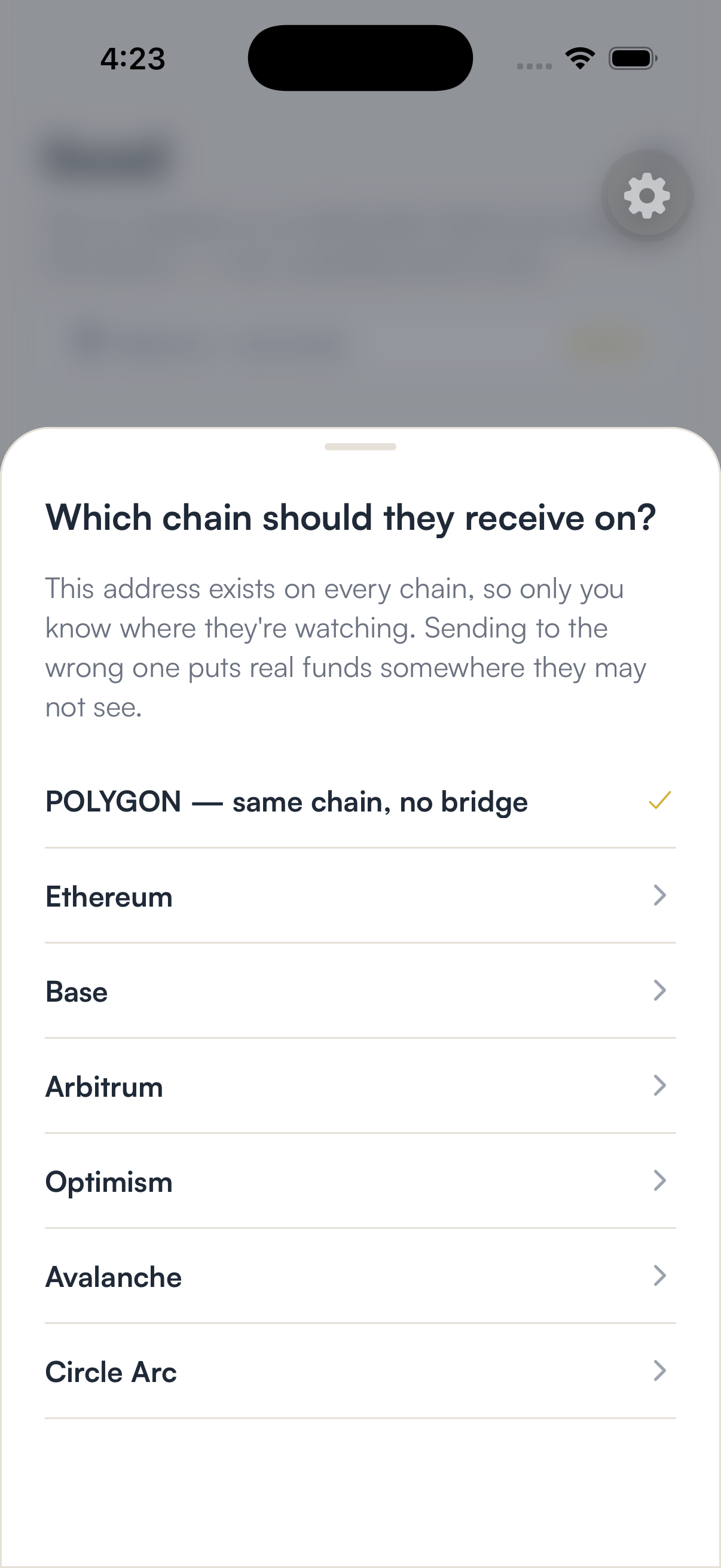 The chain picker in SpendTheBits for receiving USDC